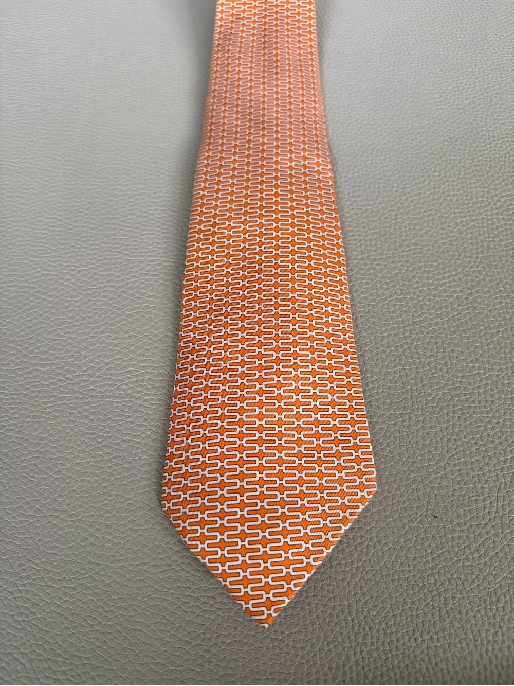 Hermes Orange and White Link-Pattern Silk Tie
